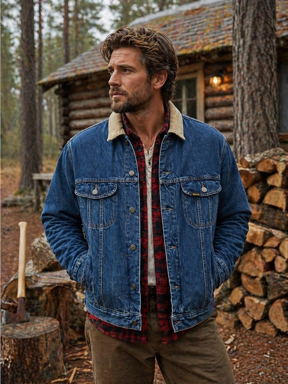 Men's Vintage Blue Denim Jacket with Contrast Corduroy Collar- as is
